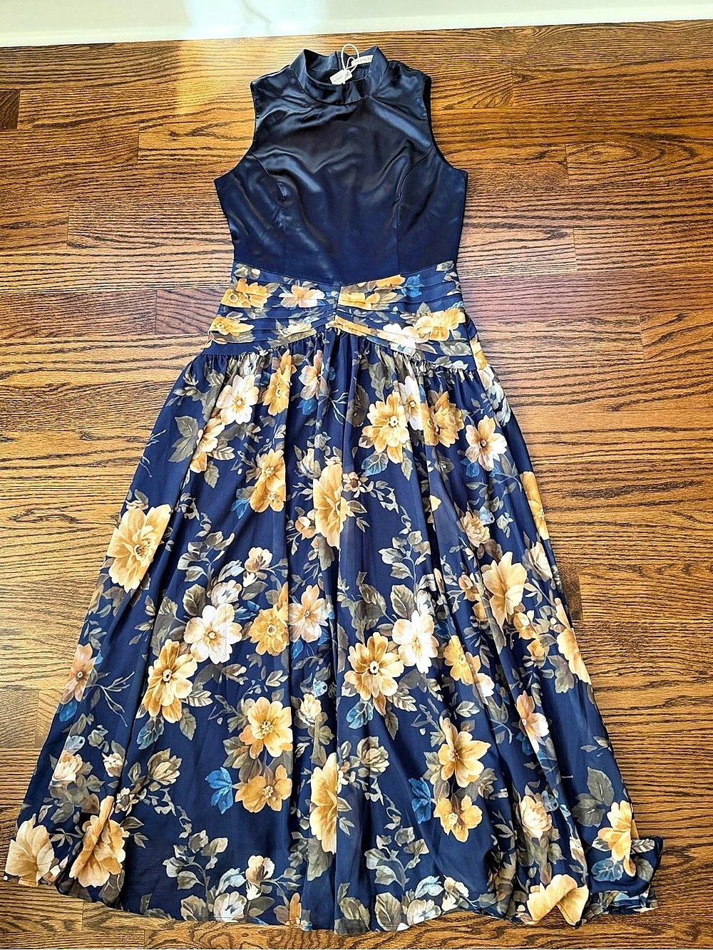 FEHAUTE Deep Blue Satin and Floral Mock Neck Sleeveless Maxi Dress